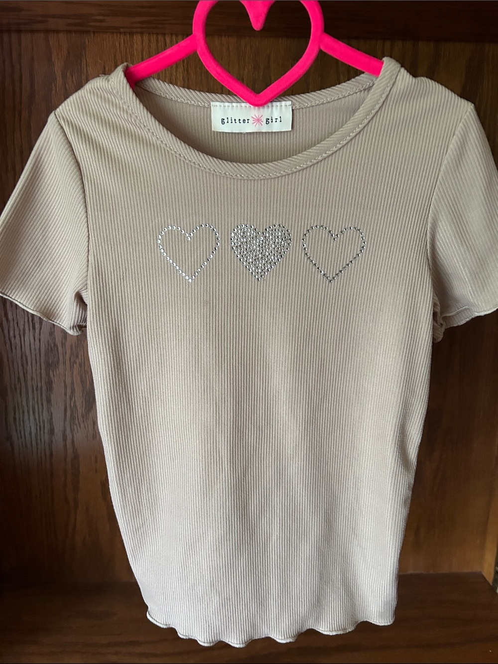 Glitter Girl Beige Ribbed Tee with Rhinestone Hearts 7/8